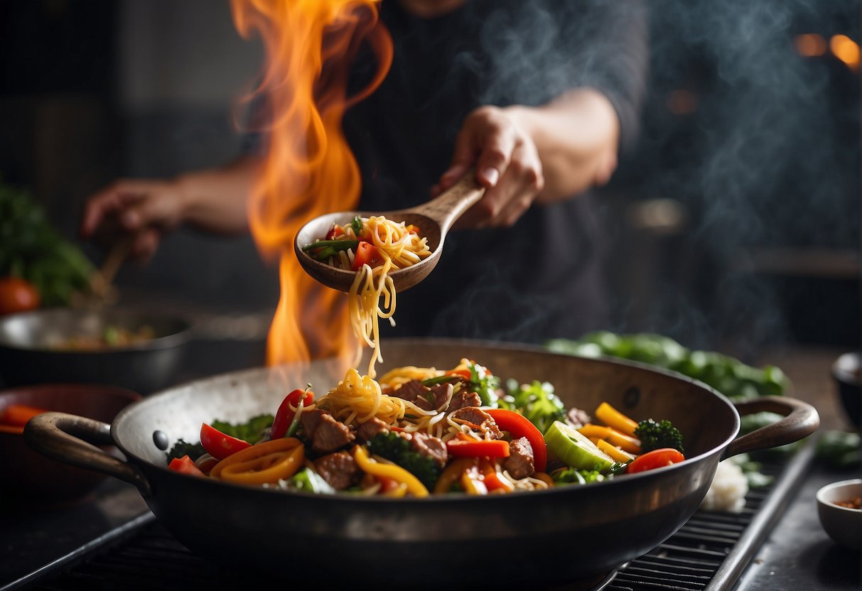 A sizzling wok tosses together fragrant spices, tender meats, and colorful vegetables, creating a tantalizing aroma of Bangladeshi-Chinese fusion cuisine