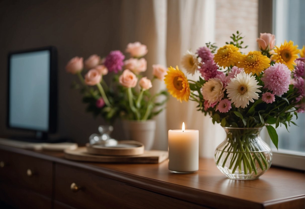A bouquet of fresh flowers sits on a dresser, filling the room with a sweet aroma. A scented candle flickers on a shelf, adding a warm and inviting fragrance to the air