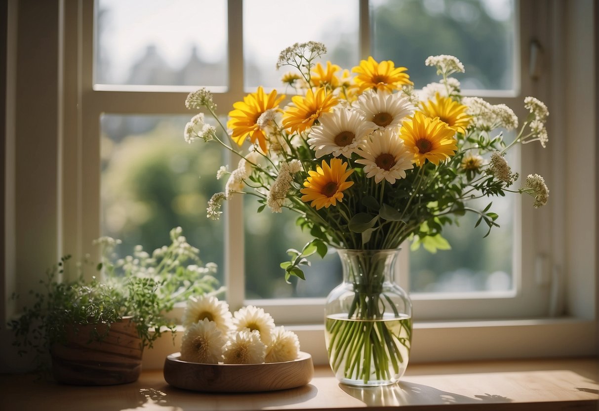 A sunny nursery with open windows, a bouquet of fresh flowers, and a diffuser emitting a gentle scent