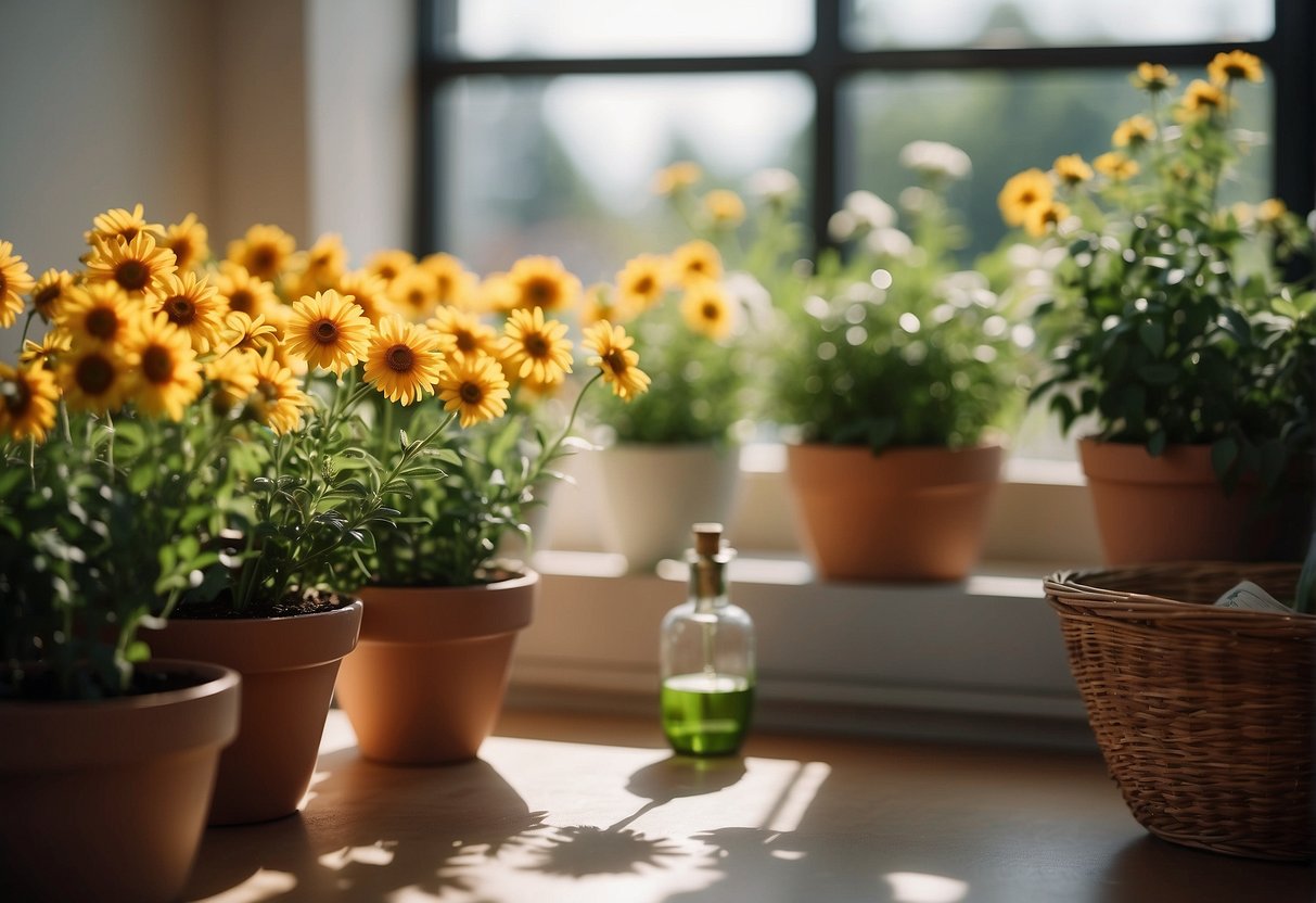A sunny nursery with open windows, fresh flowers, and a diffuser emitting a pleasant scent