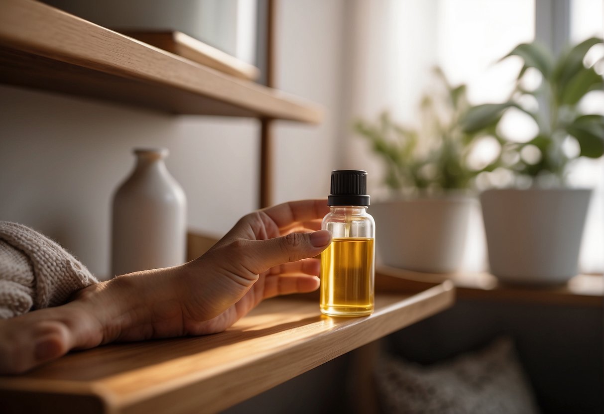 A hand reaches for a bottle of essential oil on a shelf, while a diffuser emits a soft, pleasant scent into the air of a cozy baby's room