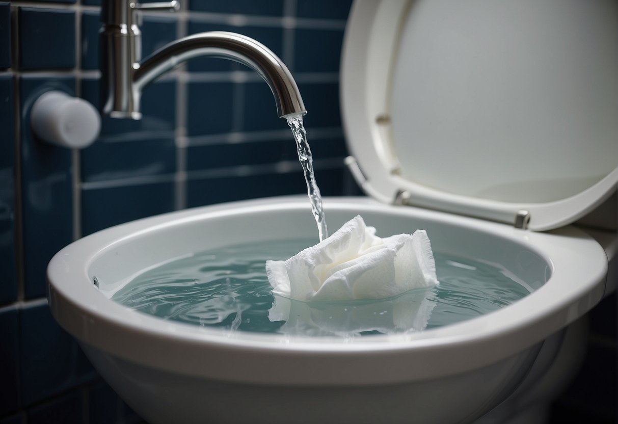 Baby wipes clog a toilet, causing water to overflow. They do not dissolve and create a blockage. Illustrate a toilet with overflowing water and baby wipes stuck in the drain