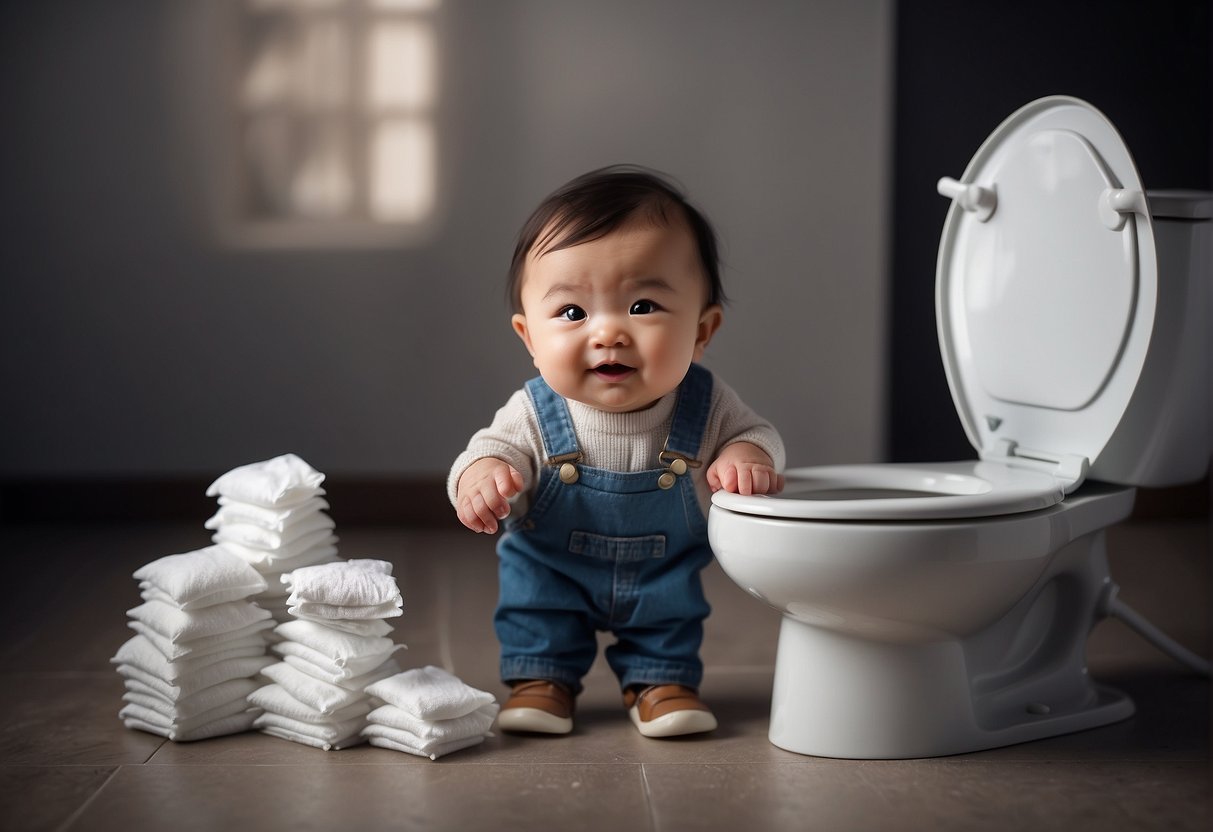 A toilet bowl filled with baby wipes, a plunger next to it, and a puzzled expression on the face of a person standing nearby