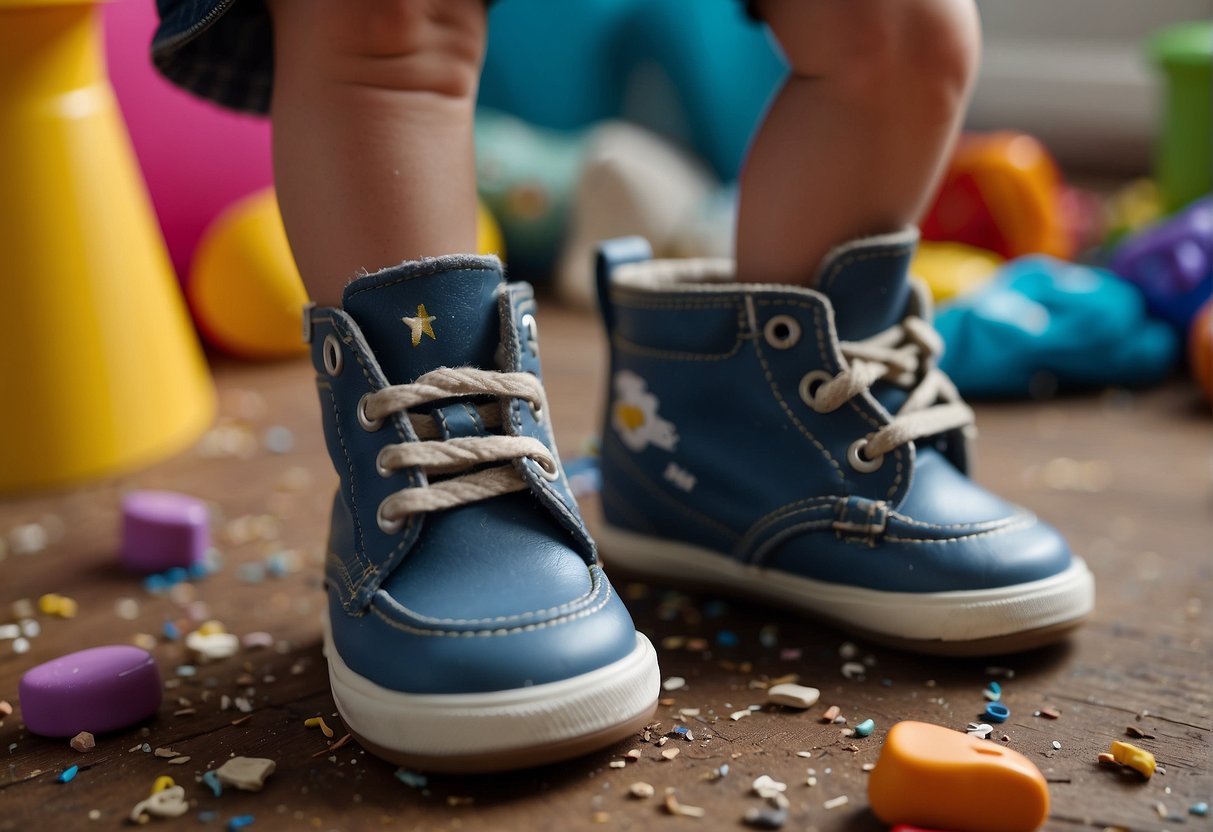 A toddler's feet in a pair of worn-out, inexpensive shoes, surrounded by scattered toys and a messy play area