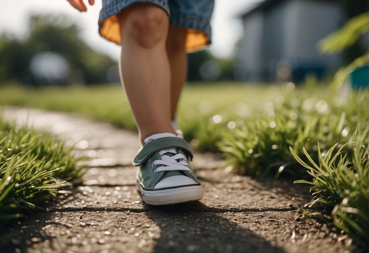 A toddler's foot stepping on various surfaces, from soft grass to hard pavement, with a range of different shoe types nearby
