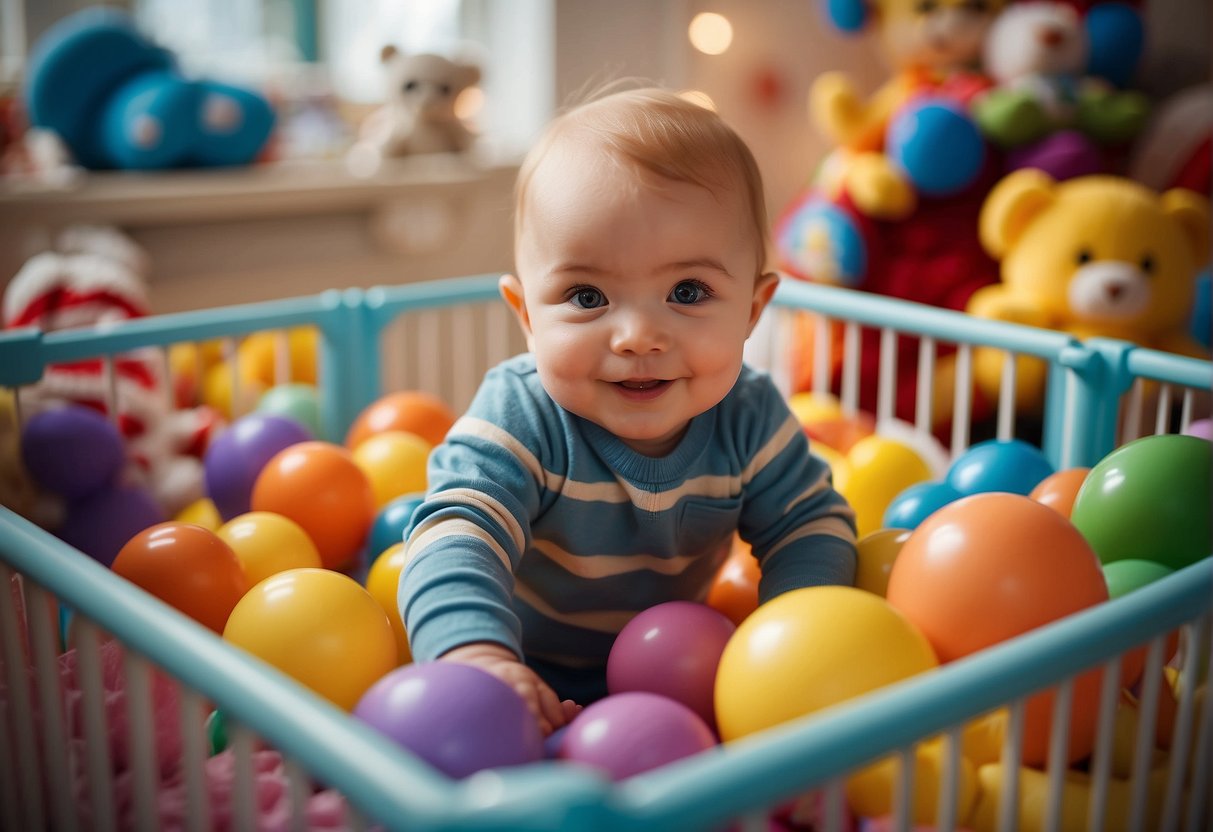 A colorful playpen surrounded by toys and a happy baby inside