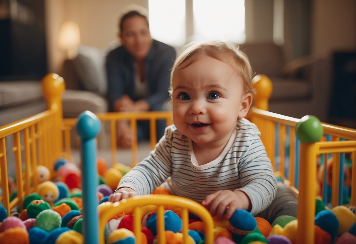 A colorful playpen filled with toys and soft padding, surrounded by a safety gate. A happy baby playing inside while a parent watches nearby