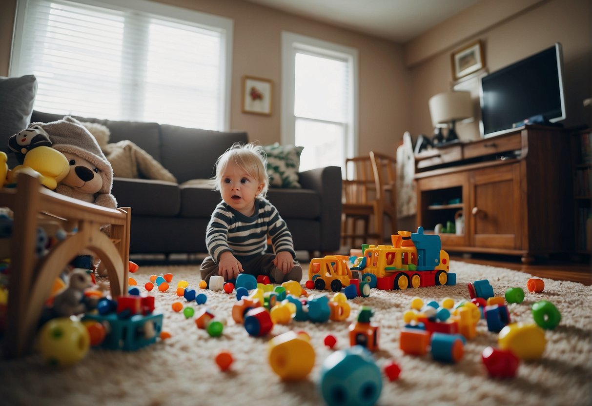 A cluttered living room with toys scattered everywhere, a playpen pushed to the side and unused. A frustrated parent looks on as their child wreaks havoc