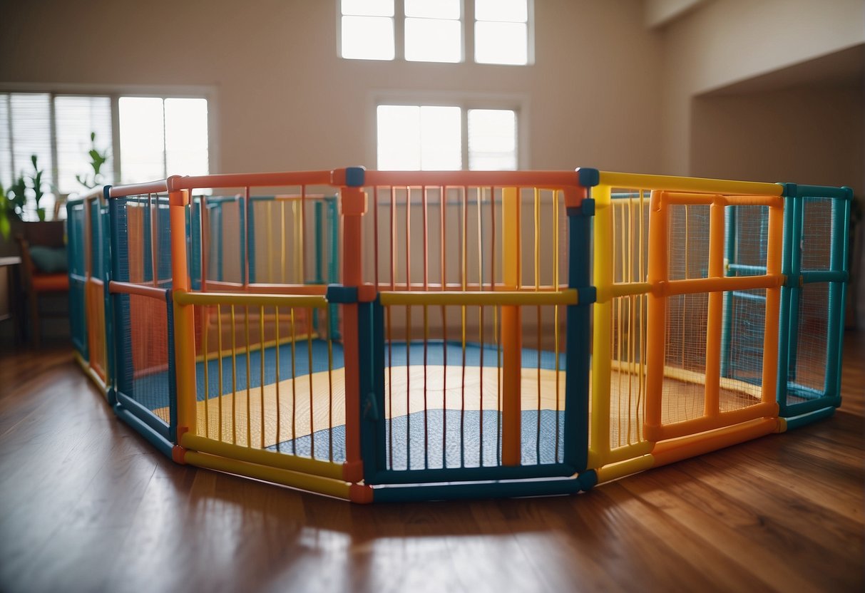 A variety of playpens are displayed in a spacious room with colorful toys and soft padding