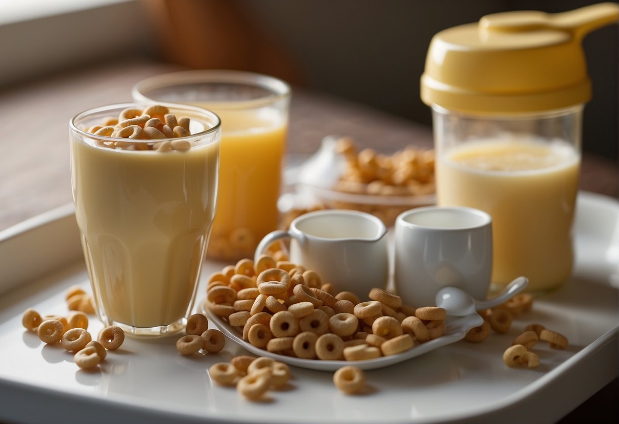 A baby bottle and a sippy cup sit side by side on a high chair tray, surrounded by spilled milk and scattered cheerios