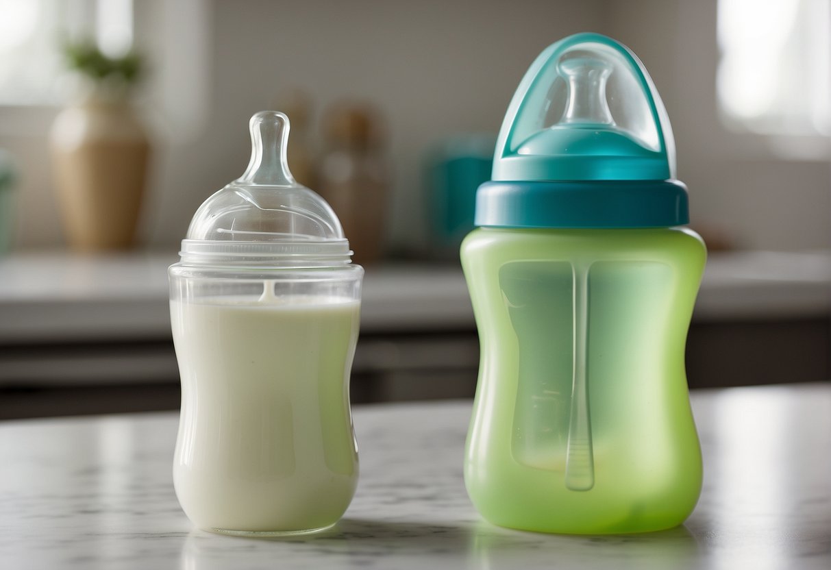 A baby bottle and a sippy cup sit side by side on a clean, white countertop. The baby bottle is filled with milk, while the sippy cup is empty