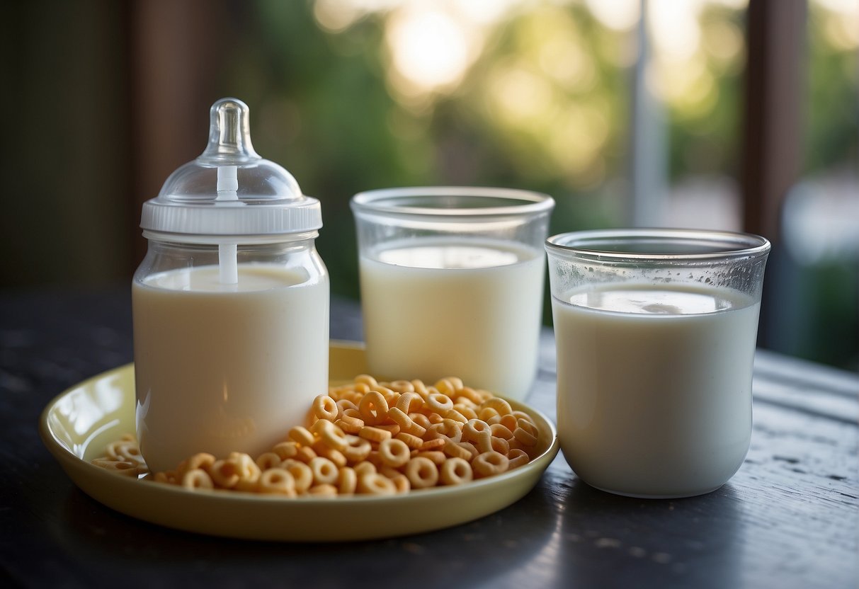A baby bottle and a sippy cup sit side by side on a high chair tray, with spilled milk and scattered cheerios around them