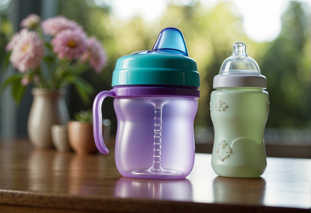 A baby bottle sits next to a sippy cup on a table, symbolizing the transition from bottle to cup