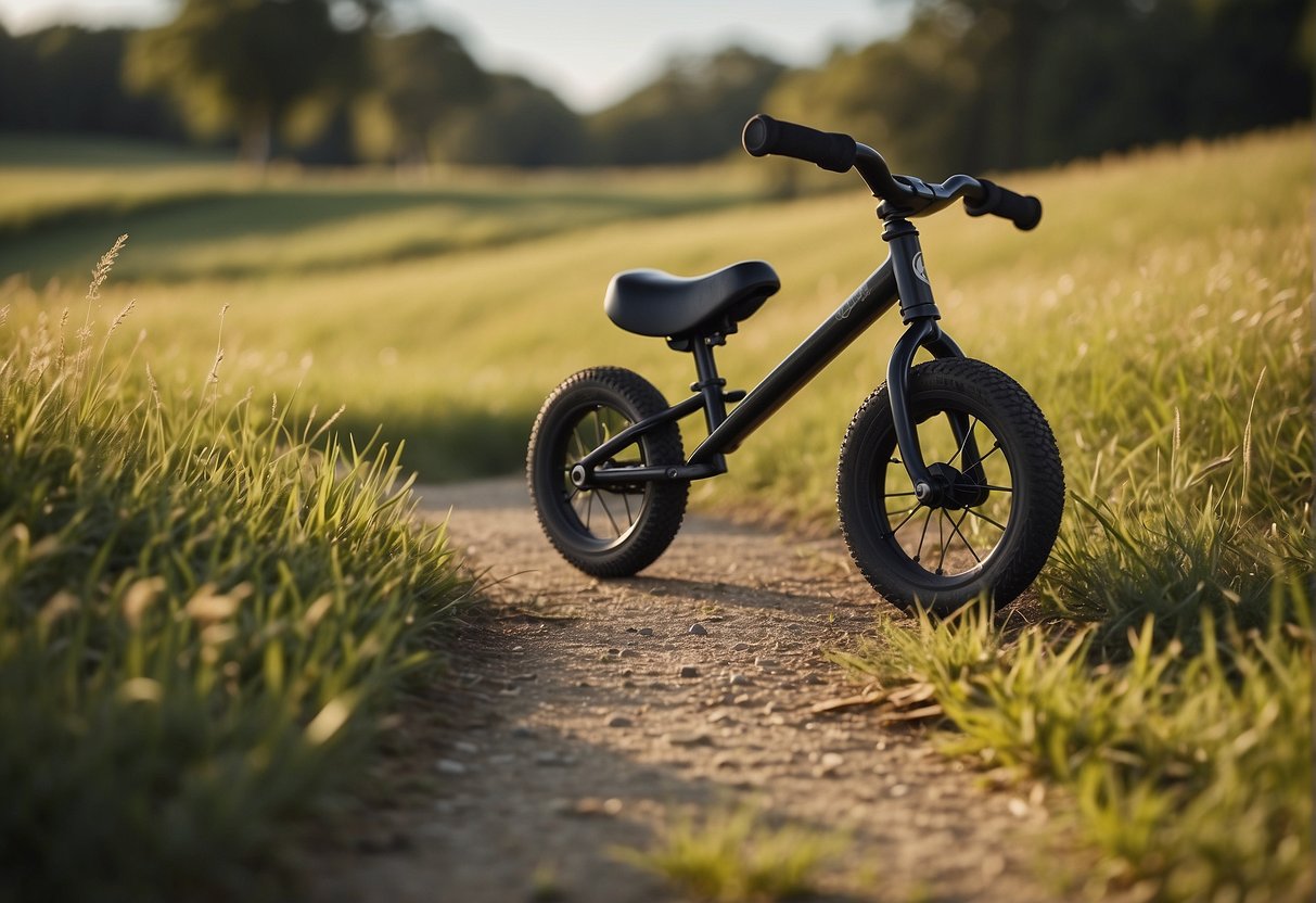 A balance bike rests on a smooth, paved path. The handlebars are straight, and the wheels are still. A gentle slope leads down to a grassy field in the background