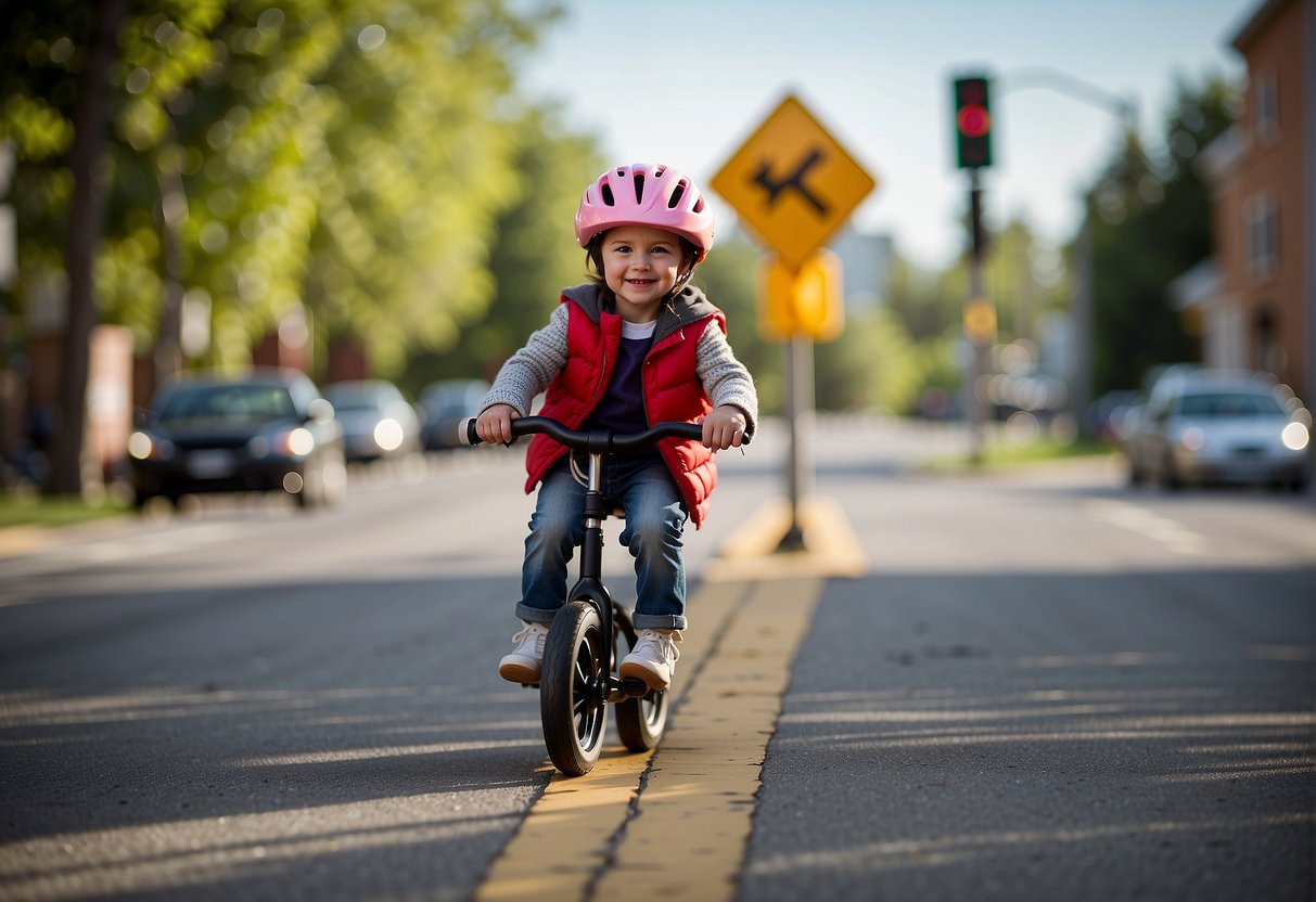 A child on a balance bike approaches a stop sign, demonstrating the importance of braking in cycling. The bike should have brakes for safety