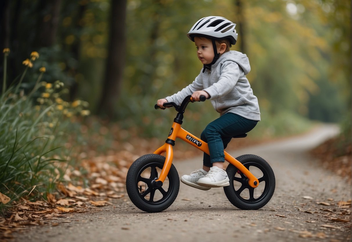 A child rides a balance bike with brakes, confidently stopping and starting on various terrains, demonstrating the safety and control provided by the brakes