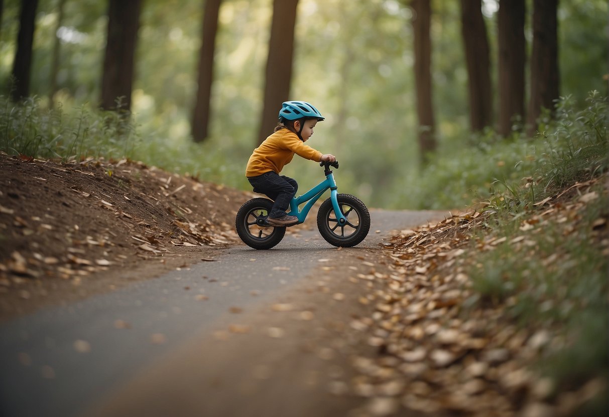 A balance bike with no brakes speeds down a gentle slope, the rider struggling to slow down and eventually coming to a stop with difficulty