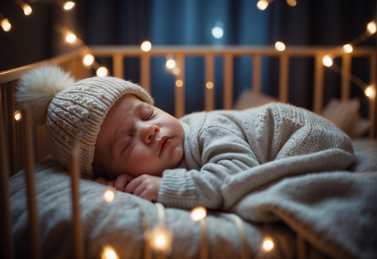 A baby peacefully sleeping in a cozy crib, wearing a soft hat and socks, with a gentle nightlight illuminating the room