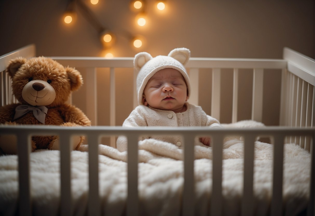 A baby peacefully sleeping in a crib, surrounded by soft blankets and a stuffed animal, with a gentle nightlight illuminating the room. No hats or socks are present on the baby