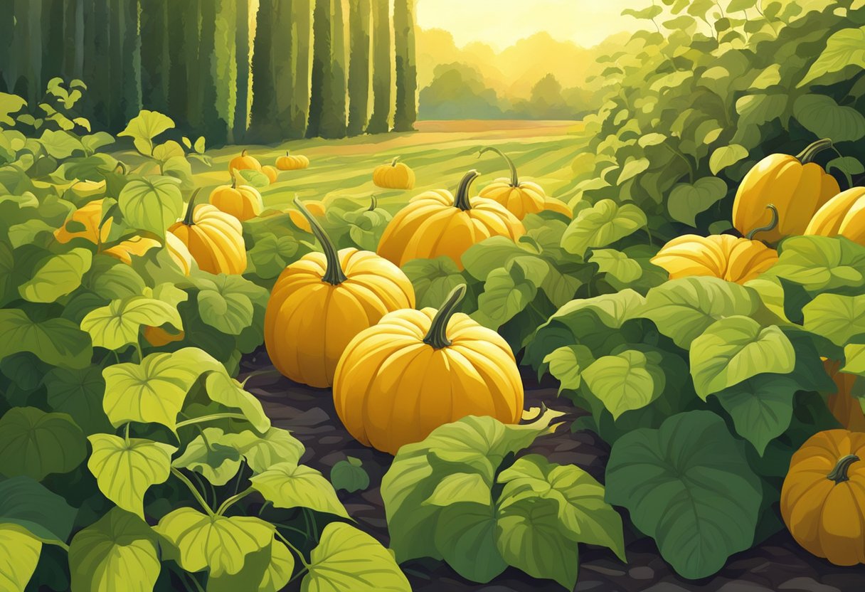 Bright yellow pumpkins sit in a patch, surrounded by green leaves and vines. The sun shines down, casting long shadows across the ground