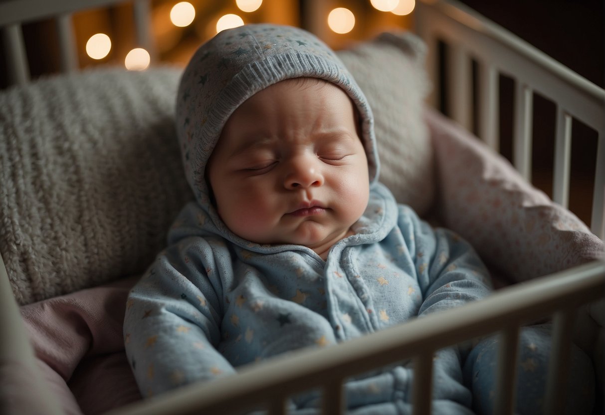 A baby sleeps peacefully in a cozy crib, wearing a soft pajama set with a matching hat and socks. The room is dimly lit, creating a soothing atmosphere