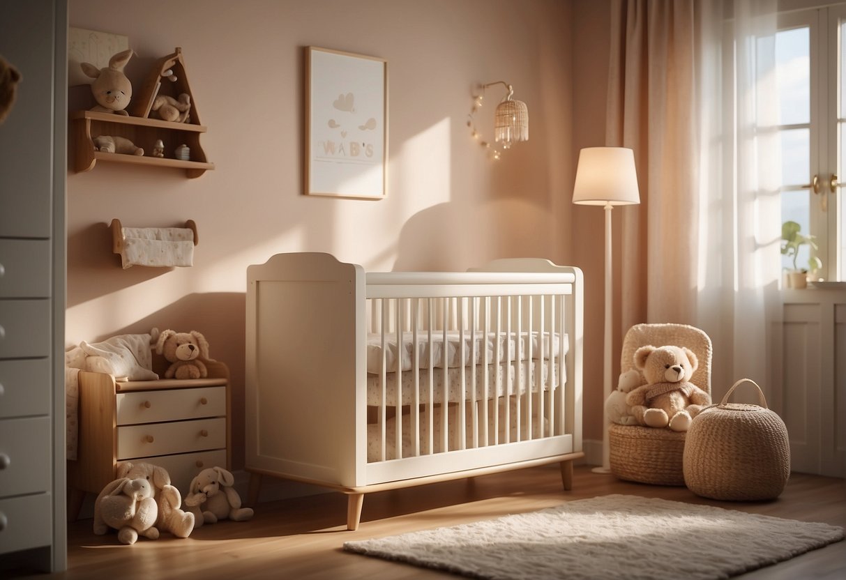 A baby's room with a crib and a dresser. A pair of tiny socks and a cute hat are placed on the dresser. Light streams in from a window, casting a warm glow over the room