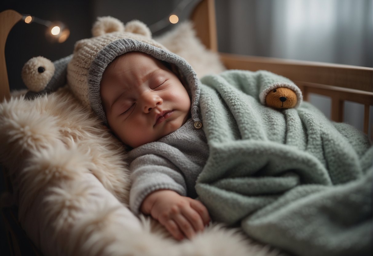 A baby sleeps peacefully in a crib, dressed in a cozy onesie with a hat and socks, surrounded by soft blankets and a stuffed animal