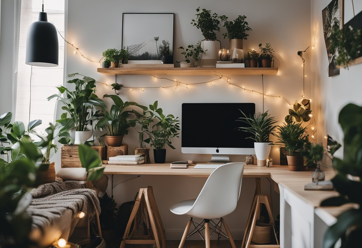 A cozy bedroom with string lights, plants, and a wall gallery. A minimalist workspace with a sleek desk, chair, and organized shelves. A bohemian living room with floor cushions, tapestries, and a low coffee table