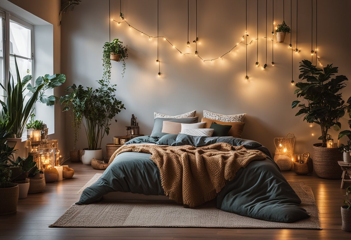 A cozy bedroom with fairy lights, plants, and bohemian decor. Aesthetic posters adorn the walls, and a cozy rug lies on the floor