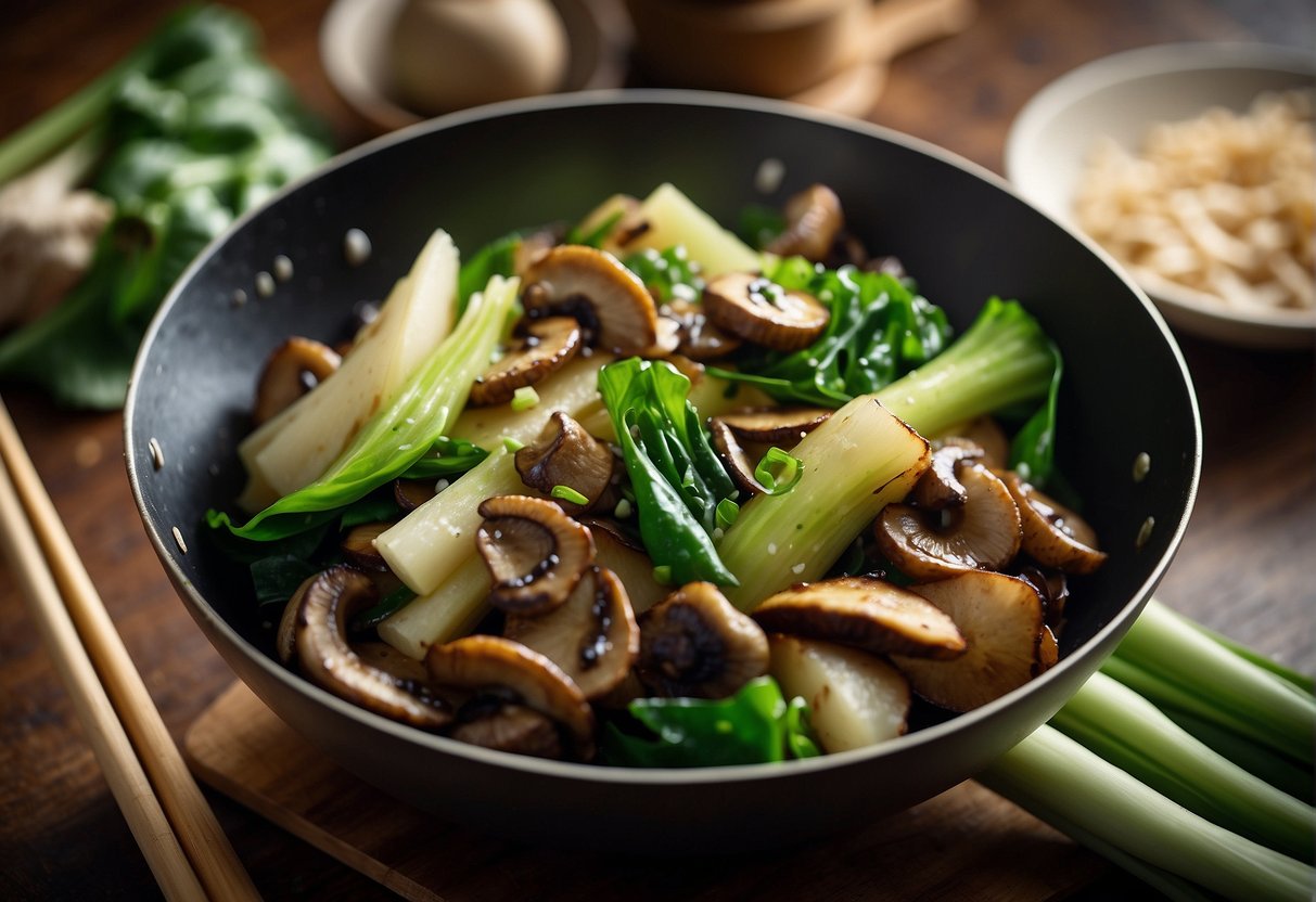 A wok sizzles with stir-fried bok choy, mushrooms, and bamboo shoots in a fragrant garlic and ginger sauce