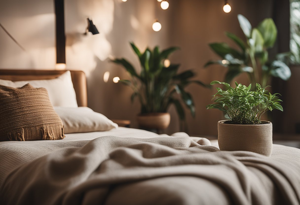 A cozy room with warm, earthy tones and soft, natural lighting. Various plants and textured fabrics add depth and interest to the space