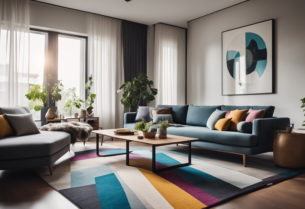 A cozy living room with a modern sofa, a sleek coffee table, and a colorful rug. A shelf with stylish decor and a large window with flowing curtains