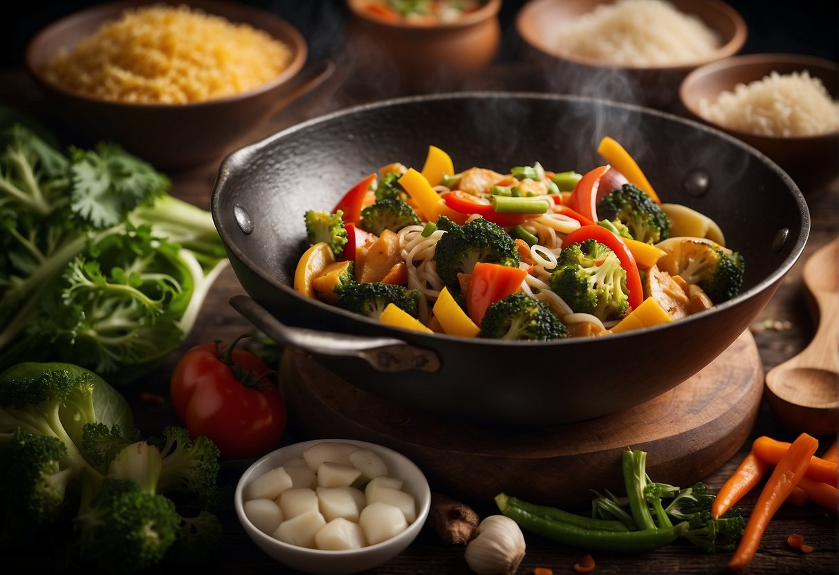 A sizzling wok stir-fries a colorful medley of Bangladeshi and Chinese vegetables, filling the air with the aroma of exotic spices