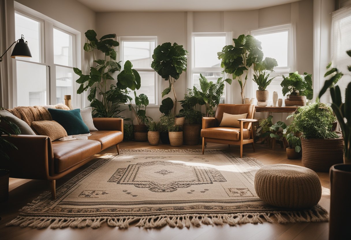 A cozy room with warm lighting, plants, and art on the walls. Aesthetic decor includes bohemian rugs, macrame wall hangings, and vintage furniture