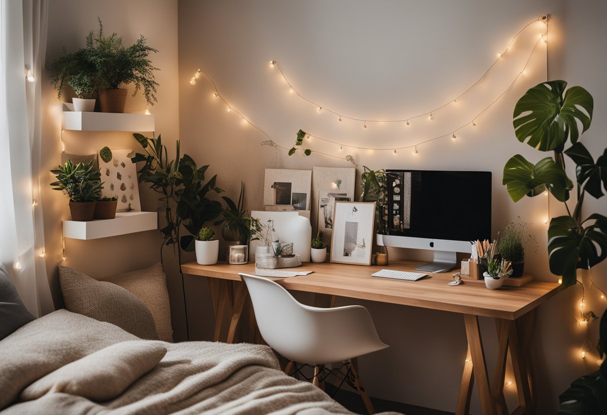 A cozy bedroom with string lights, tapestries, and plants. A desk with art supplies and a mood board. Shelves with DIY decor and personalized items