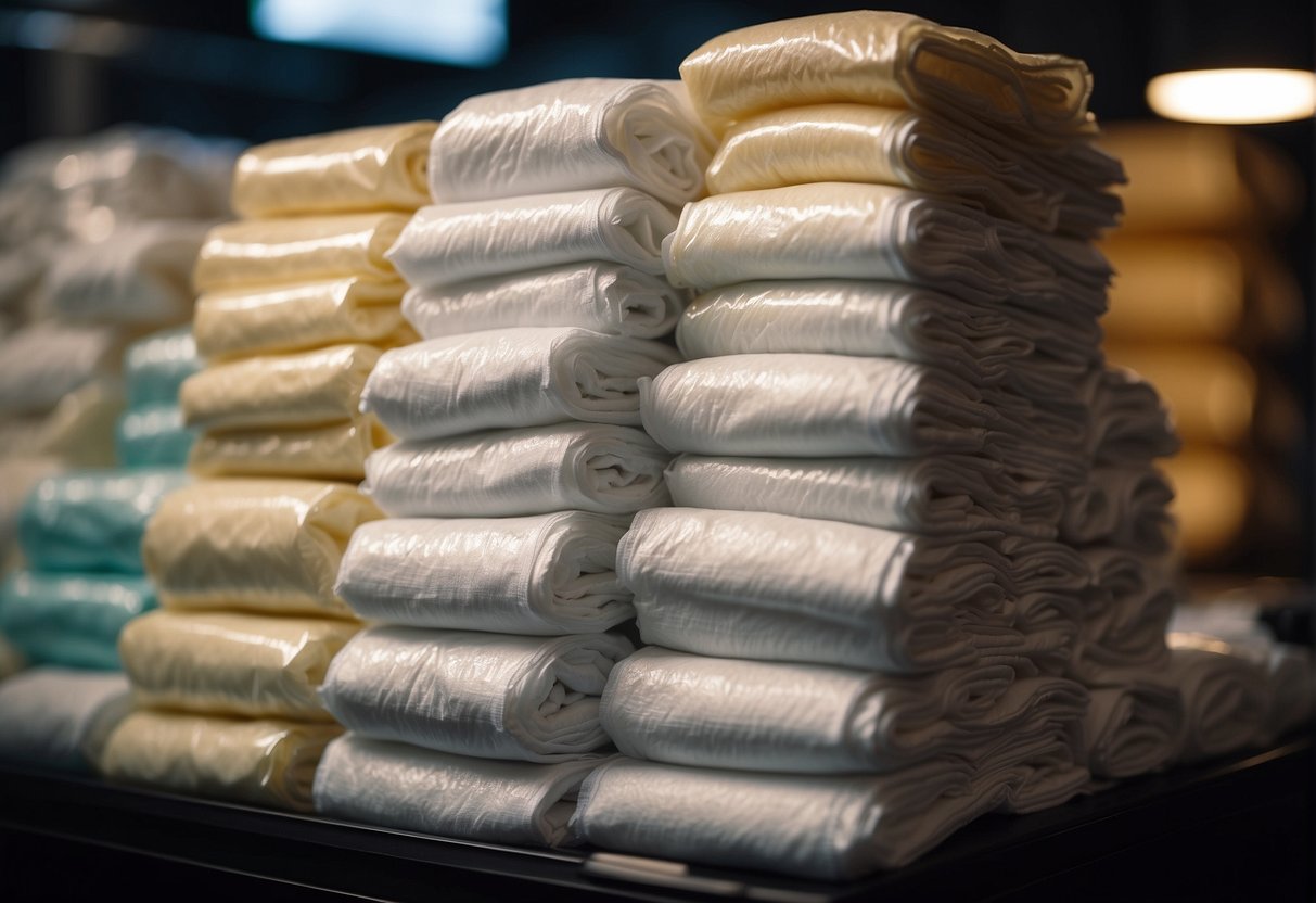 A pile of diapers and pull-ups arranged in a comparison display