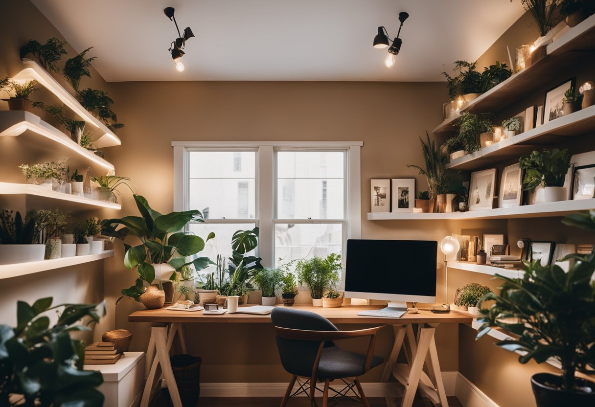 A cozy room with shelves for books and plants, a desk with a laptop, and a gallery wall of art. Warm lighting and earthy tones create a peaceful atmosphere