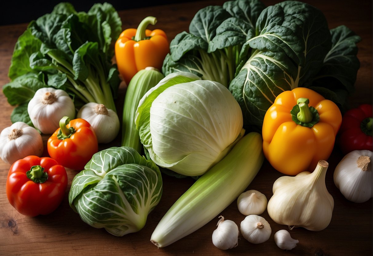Fresh vegetables like bok choy, cabbage, and bell peppers, along with garlic, ginger, and soy sauce, are laid out on a kitchen counter. A list of possible substitutes for traditional ingredients is also displayed