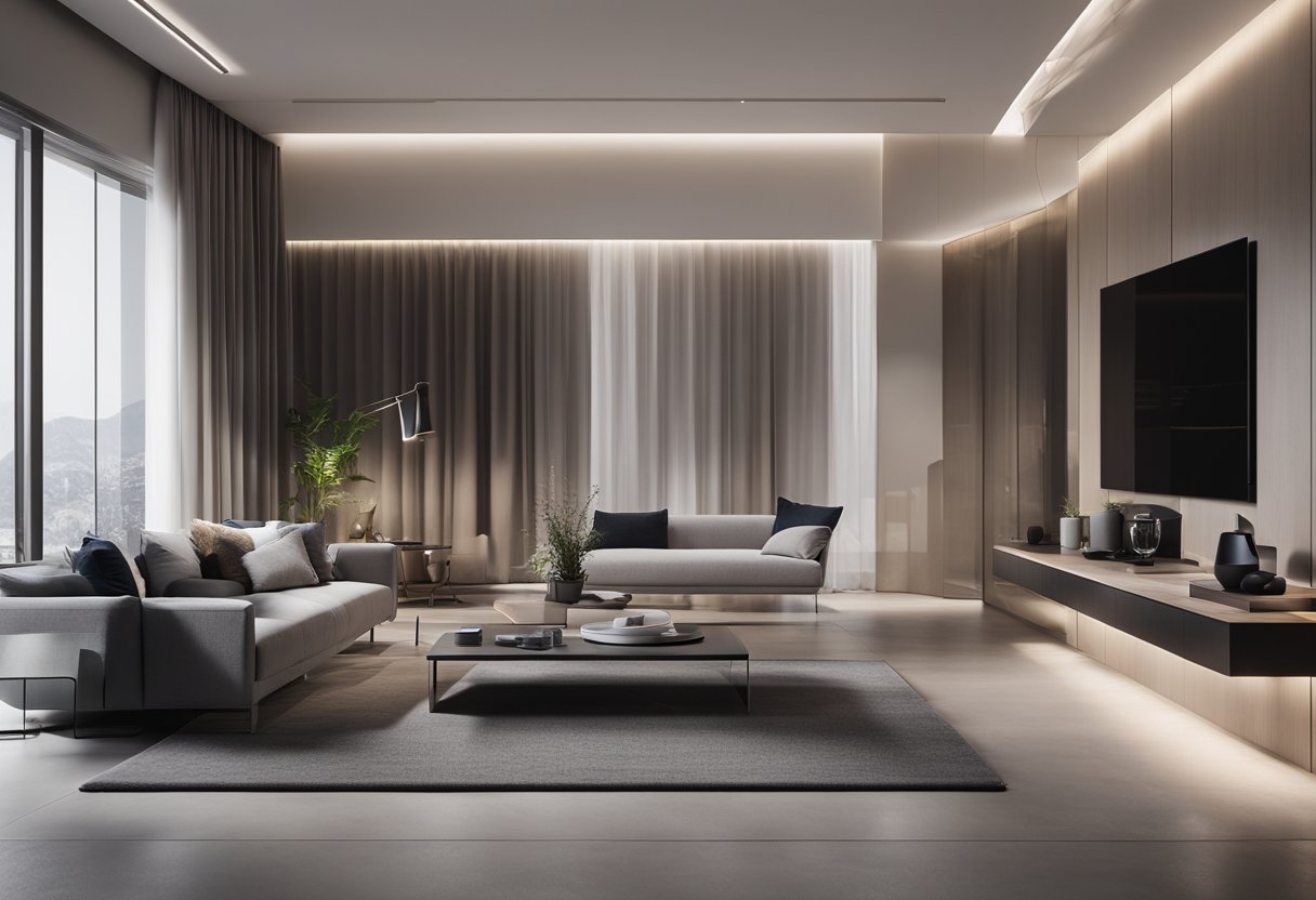 A modern, sleek room with integrated technology: smart lighting, voice-controlled devices, and built-in speakers. Minimalist aesthetic with clean lines and neutral colors