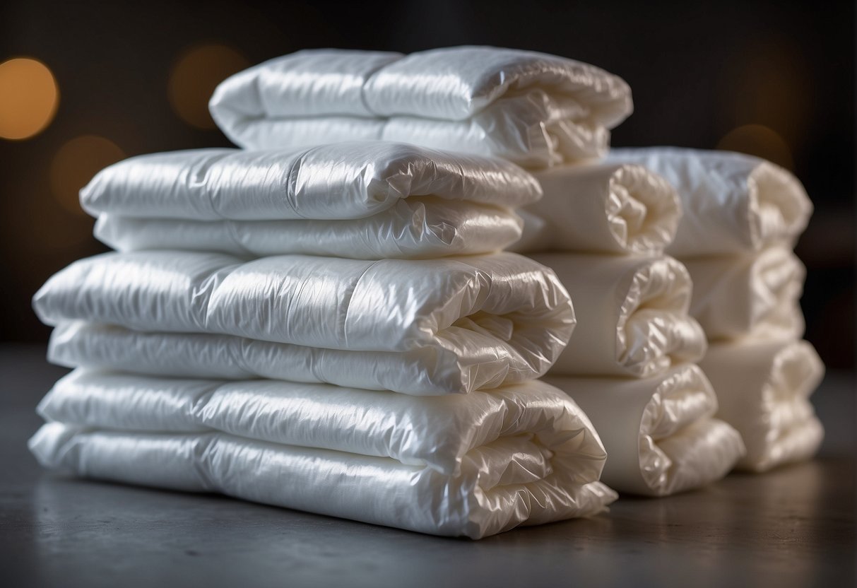 A pile of diapers and pull-ups arranged side by side on a clean, flat surface. The diapers are bulkier with tape closures, while the pull-ups are sleeker with stretchy sides
