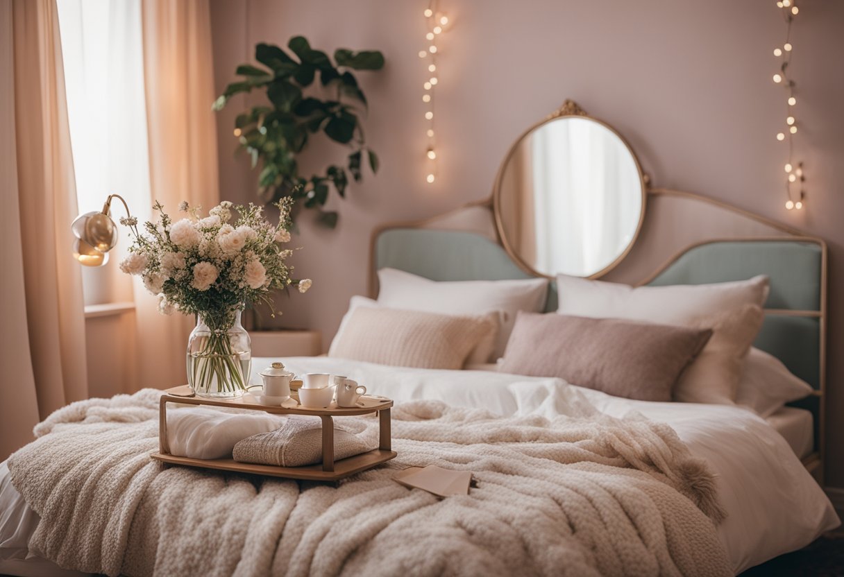 A cozy bedroom with soft, pastel-colored walls, a large, fluffy bed with fairy lights hanging above, a vintage rug, and a small, elegant vanity table with a mirror and fresh flowers