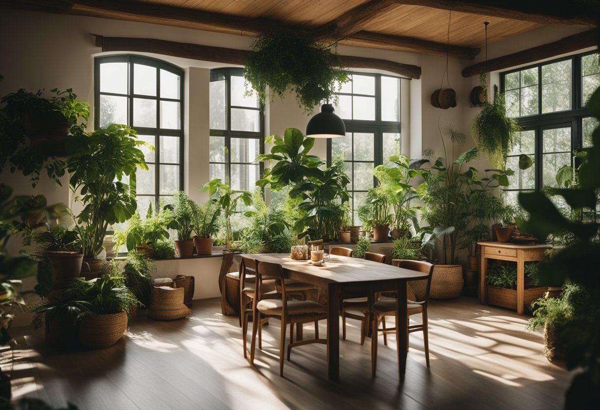 A cozy room with large windows, filled with green plants, natural wood furniture, and soft earthy tones. Sunlight filters through the leaves, creating a serene and inviting atmosphere