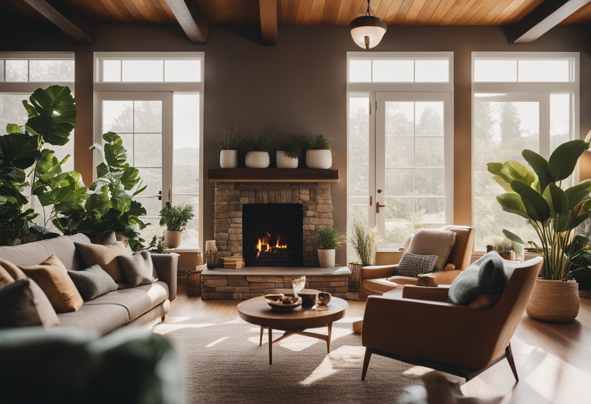 A cozy living room with warm, earthy tones and plenty of natural light streaming in through large windows. A crackling fireplace adds a touch of coziness, while plants and soft textiles create a relaxed, inviting atmosphere