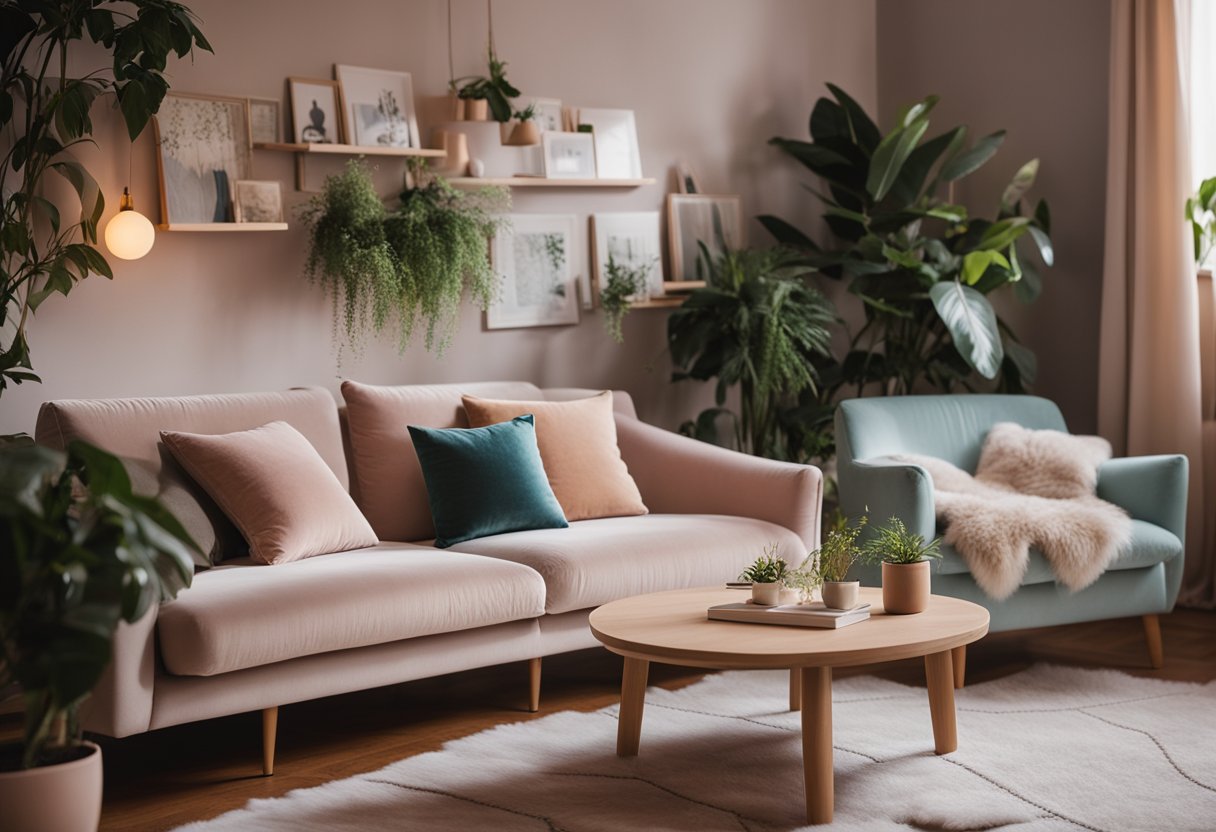 A cozy room with soft, pastel colors, fairy lights, plants, and art prints on the walls. A velvet sofa, fluffy rugs, and a cozy reading nook complete the aesthetic vibe