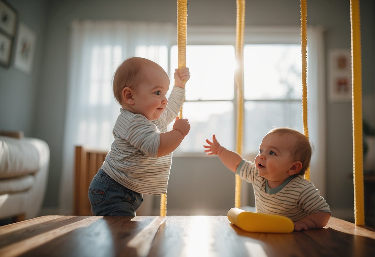 A baby reaching for a diaper while a toddler confidently pulls on a pull-up