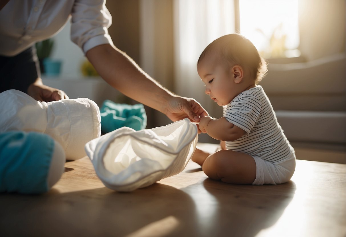A baby's diaper being changed from a regular diaper to a Pull-Ups diaper