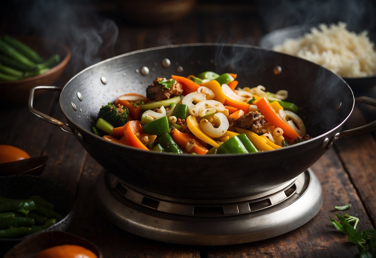 A wok sizzles with stir-fried vegetables in a flavorful Bangladeshi-Chinese fusion dish. Chopped onions, bell peppers, and carrots are tossed with aromatic spices and soy sauce, creating a colorful and fragrant scene