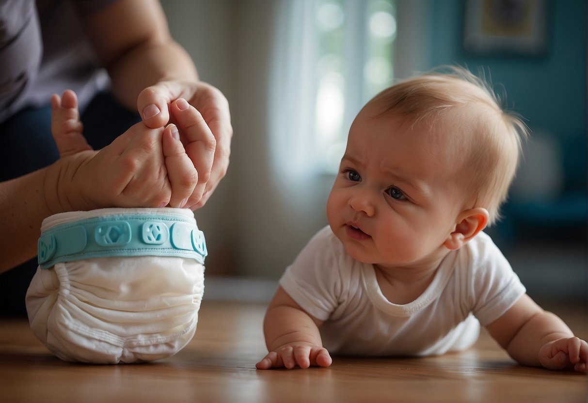 A diaper and a pull-up side by side, with a baby's messy diaper next to them. On one side, a frustrated parent struggles with a diaper, while on the other side, a happy parent easily pulls up a pull-up on their child