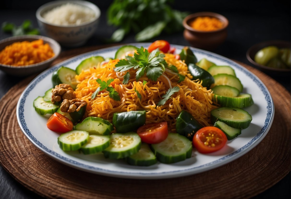 A colorful array of Bangladeshi Chinese vegetable dish is elegantly arranged on a vibrant platter, garnished with fresh herbs and spices