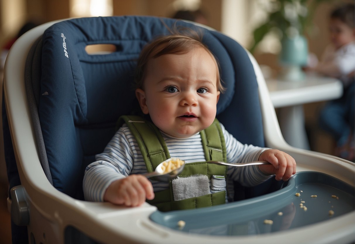 A baby sits in a high chair, food smeared on their face and bib. A spoon and bowl are on the tray